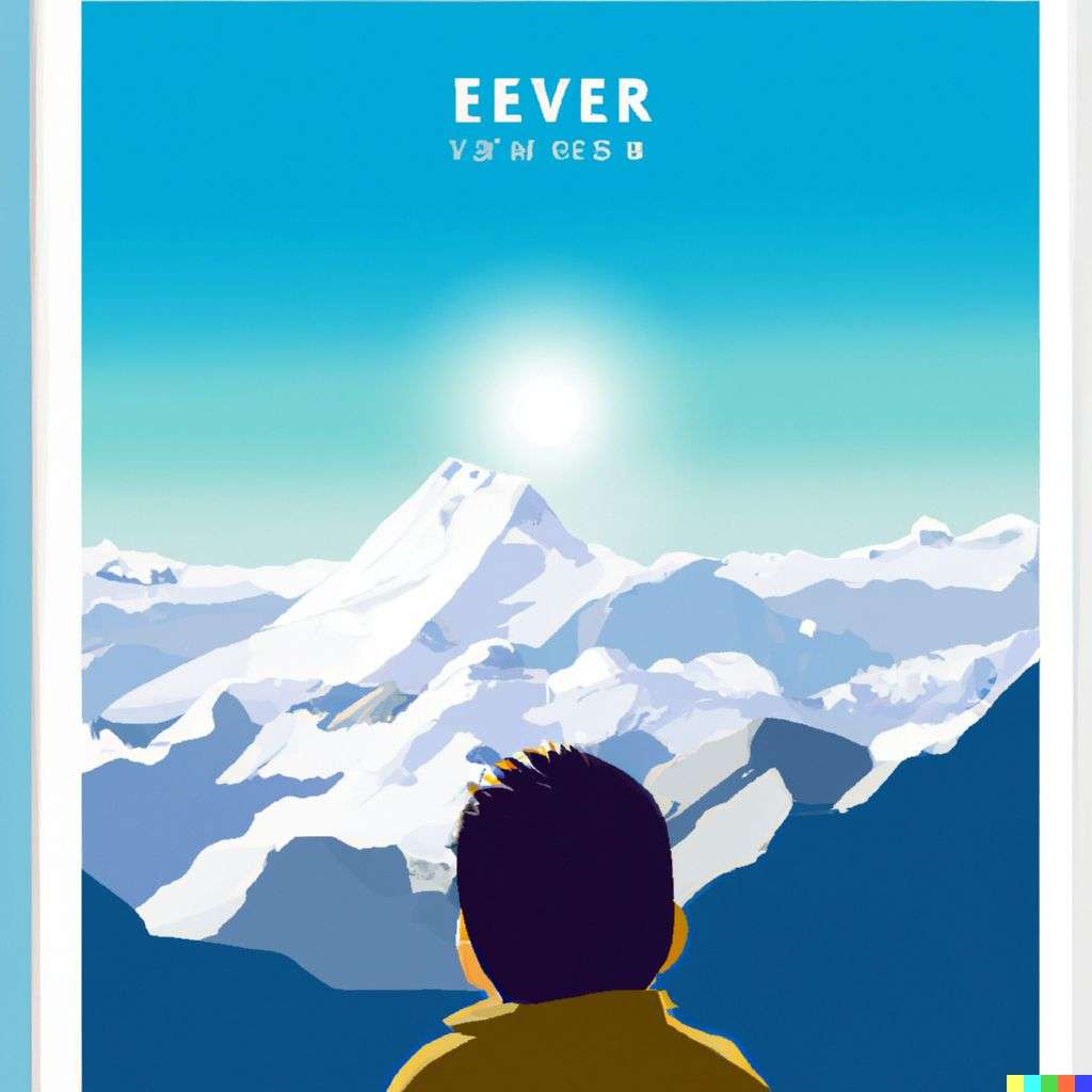 someone gazing at Mount Everest, greeting card illustration